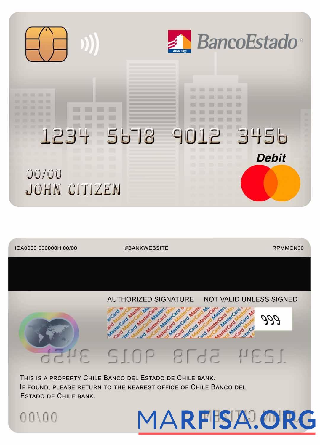 Downloadable Chile Banco del Estado de Chile bank master debit card template